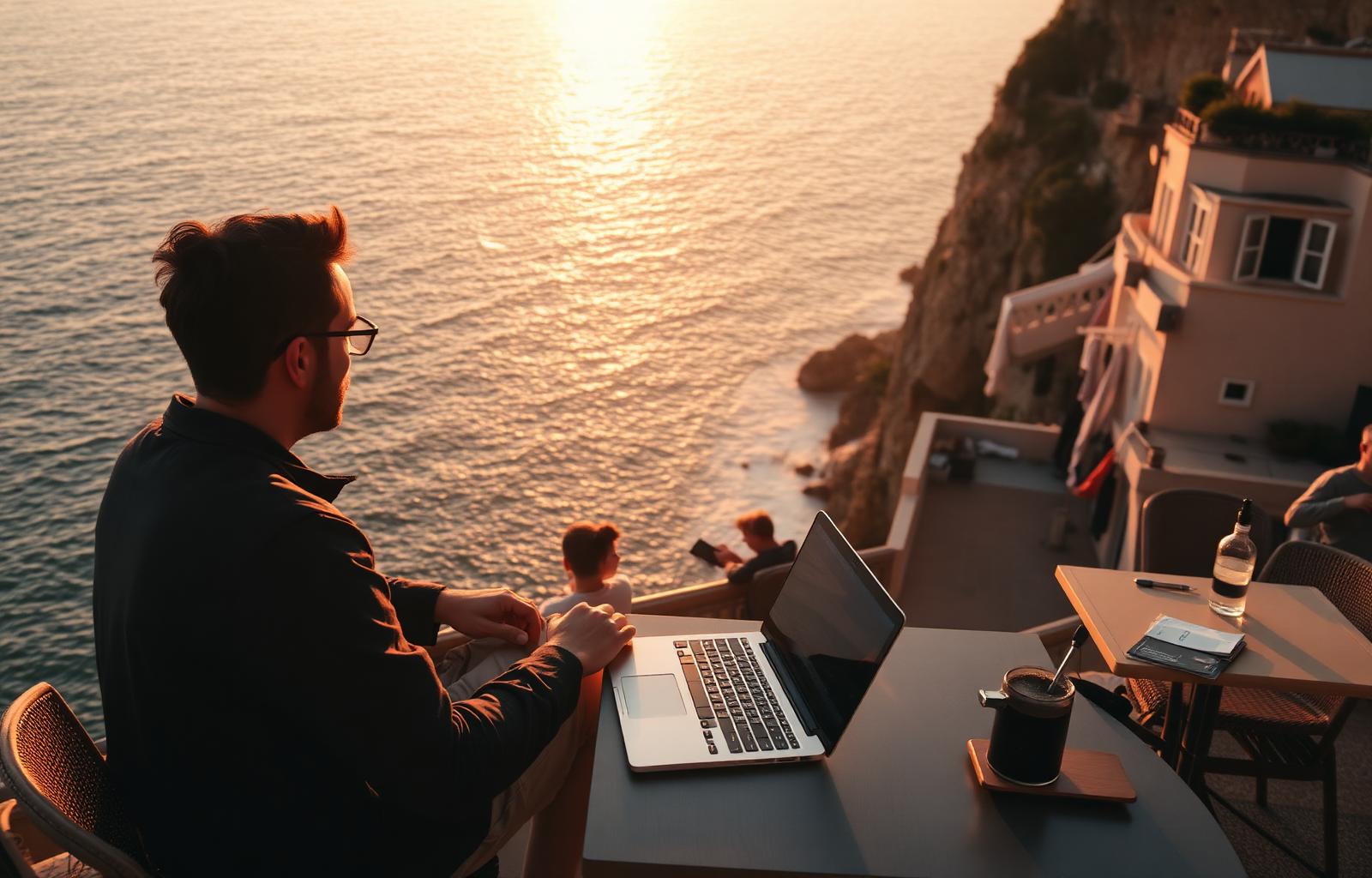 Digital nomad working from a European coastal cafe at sunset